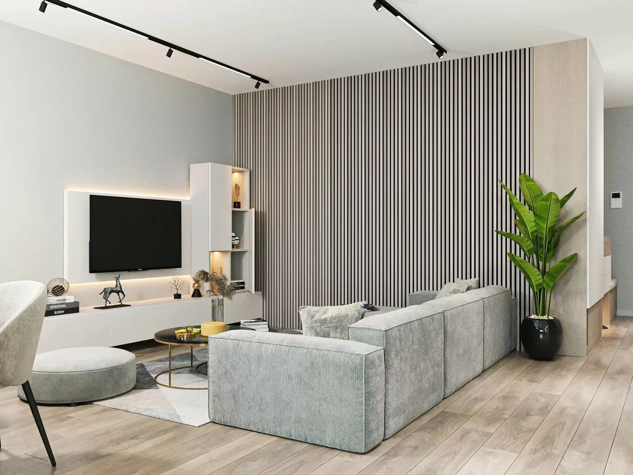 МДФ стеновая панель акустическая Cosca Decor Сканди Дуб Дымчатый черный войлок 2750×600×19 фото в интерьере